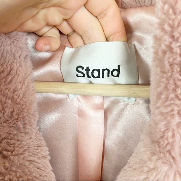 STAND STUDIO Fausta Jacket Faux Fur Colorblock Double Breasted Waist Tie M - Picture 6 of 16